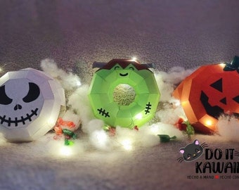 Halloween Donuts Papercraft Template, Low Poly DIY Sculpture (PDF, SVG, Studio3)