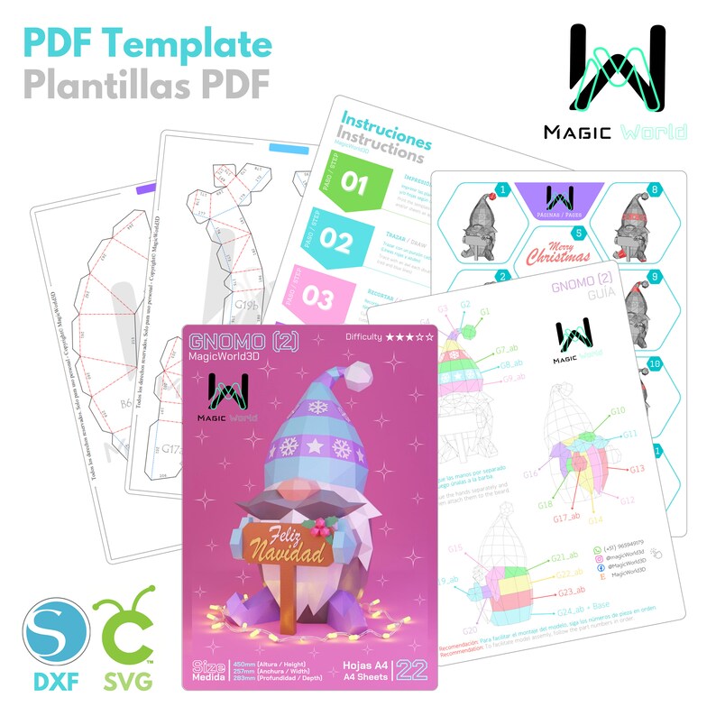 Christmas Gnome Papercraft Template, Low Poly DIY Sculpture (PDF, SVG, Studio3) image 3