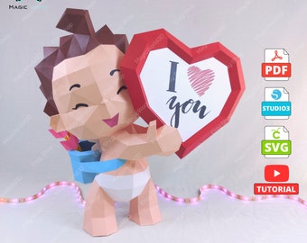 Cupid Baby Papercraft Template, Low Poly DIY Sculpture (PDF, SVG, Studio3)