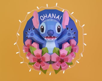 Stitch with flowers Papercraft Template, Low Poly DIY Sculpture (PDF, SVG, Studio3)