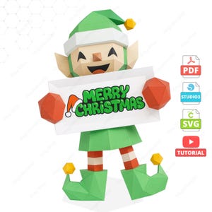 Christmas Elf Papercraft Template, Low Poly DIY Sculpture (PDF, SVG, Studio3)