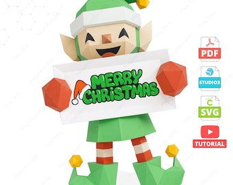 Christmas Elf Papercraft Template, Low Poly DIY Sculpture (PDF, SVG, Studio3)