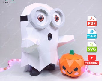 Minion Fantasma Papercraft, Plantilla Pdf, Escultura de papel Fantasma, Low Poly, DIY, Archivos SVG (Cricut) - Studio3 (Silueta), Regalo.