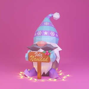 May include: A 3D rendered Christmas gnome with a blue and purple hat, holding a sign that says "Feliz Navidad". The gnome has a white beard, mustache, and is surrounded by a string of yellow lights. The background is pink.