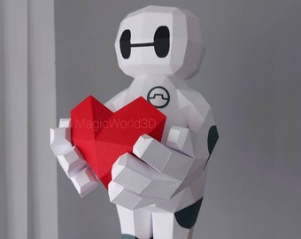 Baymax Love, San valentín, low poly, Plantilla PDF, DIY, Decoración del hogar, papercraft, Decoración de interior, escultura.