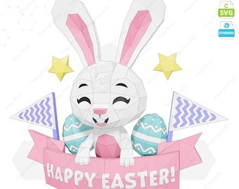 May include: A white papercraft bunny rabbit with pink ears and a pink nose holds a banner that says "Happy Easter!" The bunny is holding two blue and white striped Easter eggs. There are two purple and white striped flags and two yellow stars on either side of the bunny.