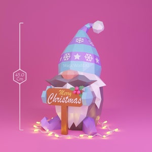 Christmas Gnome Papercraft Template, Low Poly DIY Sculpture (PDF, SVG, Studio3) image 2