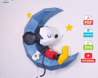Plantilla de papel de Mickey durmiendo en la luna, escultura DIY de baja poligonización (PDF, SVG, Studio3)