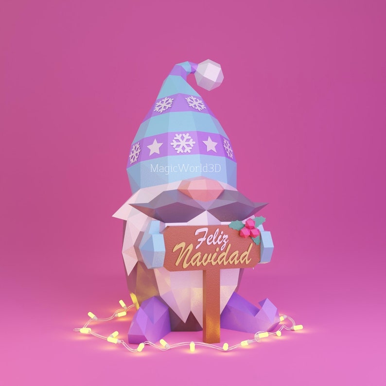May include: A 3D rendered Christmas gnome with a blue and purple hat decorated with snowflakes and stars. The gnome holds a sign that says "Feliz Navidad" and is surrounded by a string of lights. The background is pink.