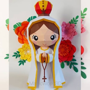 Cute Fátima, Virgen de Fátima, Papercraft Maria, Template 3D, Home decoration, DIY, Paper Model, PDF Template, Paper Sculpture, Low Poly.