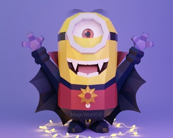 Minion Vampiro, DIY Halloween, Papercraft, Decoración hogar, 3D, Puzzle, DIY, Silueta, Escultura de papel, Low Poly.