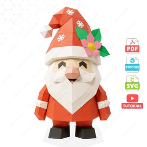 Santa Claus Gnome Papercraft Template, Low Poly DIY Sculpture (PDF, SVG, Studio3)