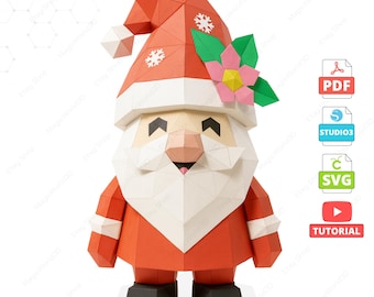 Santa Claus Gnome Papercraft Template, Low Poly DIY Sculpture (PDF, SVG, Studio3)