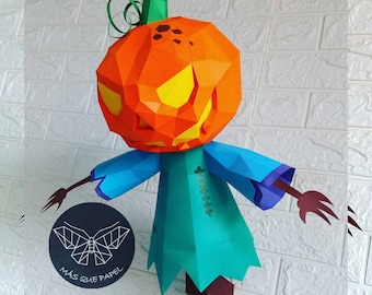 Pumpkin Scarecrow Papercraft Template, Low Poly DIY Sculpture (PDF, SVG, Studio3)