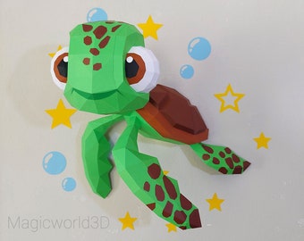 Plantilla de papel de tortuga bebé, escultura DIY de baja poligonización (PDF, SVG, Studio3)