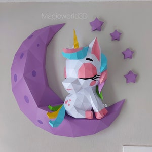 Baby Unicorno sulla Luna, Papercraft, fai da te, Lowpoly, modello Unicorno, Unicorno carino, Decorazioni per la casa, unicornio bebé, decorazioni.