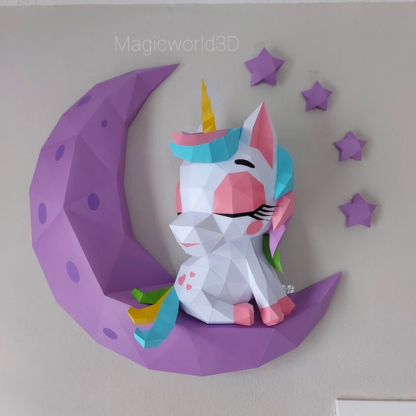 Baby Unicorn on the Moon, Papercraft, DIY, Lowpoly, Unicorn model, Cute Unicorn, Home decor, unicornio bebé, decoraciones.