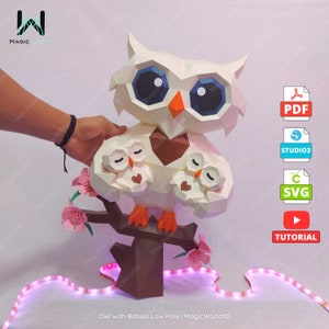Owl with Babies Papercraft, Pdf Template, Paper Sculpture Owl, Low Poly, DIY Origami, Files SVG (Cricut) - Studio3 (Silhouette), Gift.