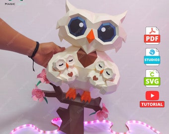 Owl with Babies Papercraft Template, Low Poly DIY Sculpture (PDF, SVG, Studio3)