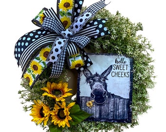 Rustic Farmhouse Wreath, Hello Sweet Cheeks Everyday Wreath, Donkey Sunflower Wreath, Cute wreath , Housewarming Gift, Sunflower Wreath