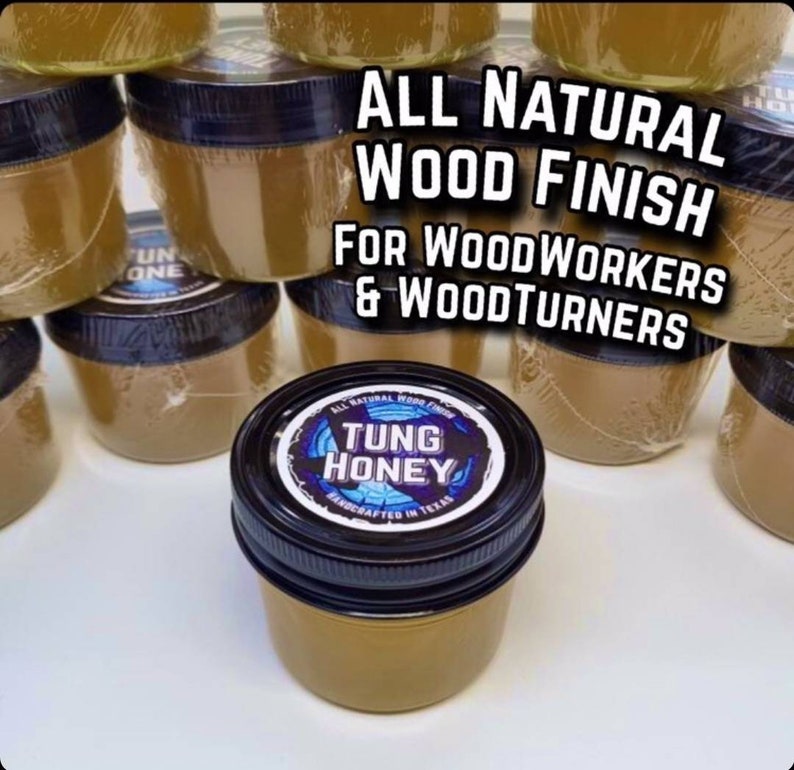 May include: Multiple small glass jars filled with a golden brown liquid, labeled "TUNG HONEY" and "ALL NATURAL WOOD FINISH FOR WOODWORKERS & WOODTURNERS".