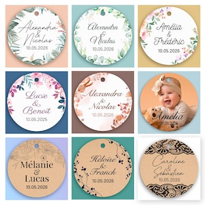 Set di etichette rotonde personalizzate, matrimonio, battesimo, comunione, nome, motivo a scelta, perforate per attaccarle, regali, 3,7 o 4,5 cm