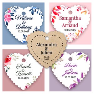 Conjunto de etiquetas de corazón personalizadas, boda, comunión, nombres de casados, fecha, tipografía a elegir, perforadas para colocar, regalos para invitados