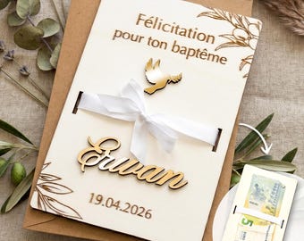 Carte de baptême en bois, idée cadeau, communion, confirmation, carte personnalisable, prénom personnalisé, gravé, carte postale, billet