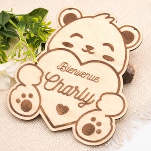 Cartão de boas-vindas de madeira do urso bebê, texto personalizável e primeiro nome, painel de sessão de fotos de nascimento, ursinho de pelúcia, presente, decoração, lembrança