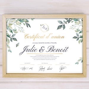 Certificado de unión personalizado en PDF para descargar, matrimonio civil, archivo digital, recuerdo de ceremonia de boda, tamaño A4 horizontal