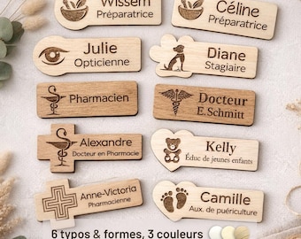 Badge en bois personnalisé, prénom et métier, nom et profession, pharmacien, médecin, dentiste, vétérinaire, esthétisme, aimant ou épingle
