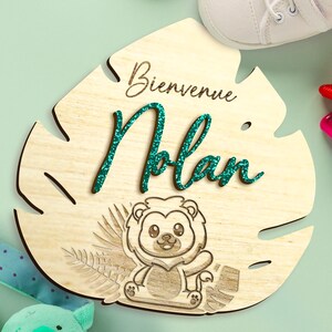 Carte bienvenue bébé feuille monstera en bois, texte personnalisable, panneau photo de naissance, jungle, idée cadeau, décoration, souvenir