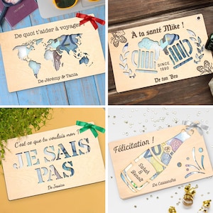 Carte en bois ajourée, carte personnalisable, message personnalisé, carte félicitation mariage champagne, carte ajourée billet, gravé,offrir
