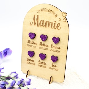 Carte en bois les petits-coeurs de mamie avec jusqu'à 9 prénoms et dates de naissance personnalisés, fête des grand-mères, Mamie, décoration