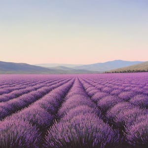 以下が含まれることがあります： 満開のラベンダー畑。紫色の花が地平線に向かって並んでいます。空は柔らかなピンク色から淡い青色に変わり、遠くには山々が見えます。