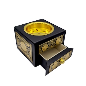 Black & Golden Bakhoor Incense Burner square shape with metal engraving and storage drawer -  Matt Finish