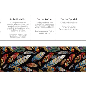 May include: A product display featuring five fragrance descriptions: Ruh Al Ambre, Maliki, Zafran, Sandal, and Khus. Each description includes scent notes. The bottom features a black background with colorful feather designs and the Perfume Elixir logo.