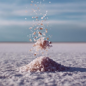 Puede incluir: Un pequeño montón de cristales de sal rosa del Himalaya de grano grueso sobre una superficie de salina blanca, con cristales adicionales suspendidos en el aire sobre el montón, creando un efecto de rociado vertical contra un horizonte azul.
