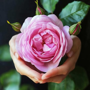 May include: A close-up of a pink rose in full bloom, with several green buds and leaves. The rose is held in cupped hands against a dark backdrop. The petals display a gradient of pink hues, from pale to vibrant.