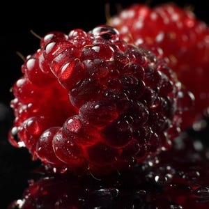 May include: Close-up of ripe red raspberries with water droplets. The berries are glistening against a dark background, highlighting their texture and color. The image captures the freshness and detail of the fruit.