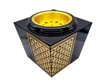 Black Golden Bakhoor Incense Burner square shape with metal engraving- Glossy Finish