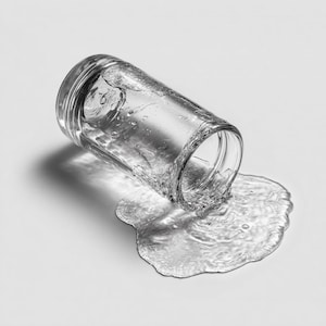 Op de afbeelding: Een doorzichtige glazen pot die op zijn kant ligt met een dikke rand en een glad cilindrisch lichaam. Een plas gemorste heldere vloeistof verspreidt zich vanuit de opening van de pot, wat rimpelingen en reflecties creëert op het oppervlak.