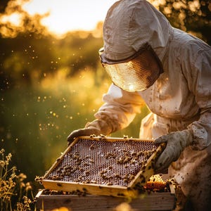 May include: A beekeeper in a protective suit examines a honeycomb frame filled with bees and honey. The frame is held over a wooden hive box. The image is bathed in warm sunlight, with a soft focus background.