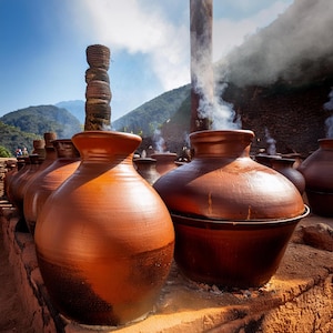 Pode incluir: Uma fileira de grandes vasos de barro castanho com bocas largas e corpos arredondados. O vapor sobe dos vasos, sugerindo que estão em uso. Uma pilha de cestos de vime está no topo de uma estrutura ao fundo, com montanhas e céu azul.