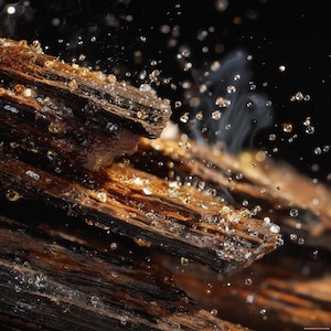Könnte beinhalten: Nahaufnahme von dunkelbraunen Holzstücken mit glitzernden Tropfen und Rauchschwaden vor schwarzem Hintergrund. Das Holz wirkt strukturiert und gealtert, mit einem warmen, bernsteinfarbenen Farbton. Die Tropfen sind klar und verstreut, was einen dynamischen visuellen Effekt erzeugt.