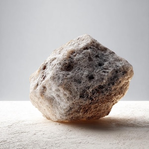May include: A close-up of a large, irregularly shaped rock with a rough, textured surface. The rock has a mix of light brown, gray, and white colors. The lighting highlights the rock's porous texture, suggesting a natural mineral formation.