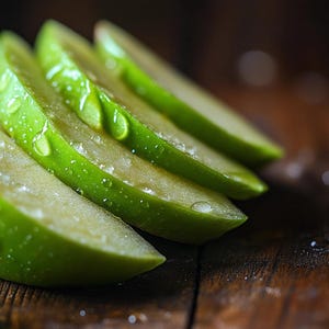 Op de afbeelding: Close-up van gesneden groene appels met waterdruppels op een houten oppervlak. De appelschijfjes zijn diagonaal gerangschikt en tonen hun levendige groene kleur en verse textuur. De druppels voegen een verfrissend visueel element toe.