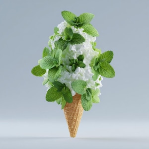 May include: A whimsical image of an ice cream cone filled with white, fluffy cream and adorned with vibrant green mint leaves. The cone is a light brown color, and the background is a soft gray.
