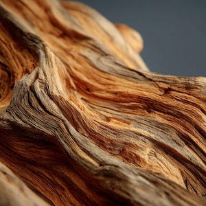 May include: A close-up view of a piece of weathered driftwood featuring deep, intricate grooves and a natural grain pattern. The wood displays a warm palette of golden-brown, tan, and dark brown tones, highlighting the rough, organic texture.