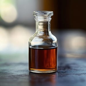 Può includere: Una piccola bottiglia di vetro trasparente con un collo corto e un corpo arrotondato. La bottiglia è riempita con un liquido ambrato scuro. La bottiglia è su una superficie scura.